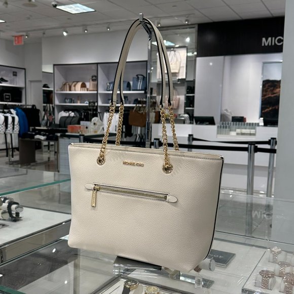 Michael Kors Jet Set Item MD Front Pocket Shoulder Chain Tote Bag Light Cream - Picture 3 of 10